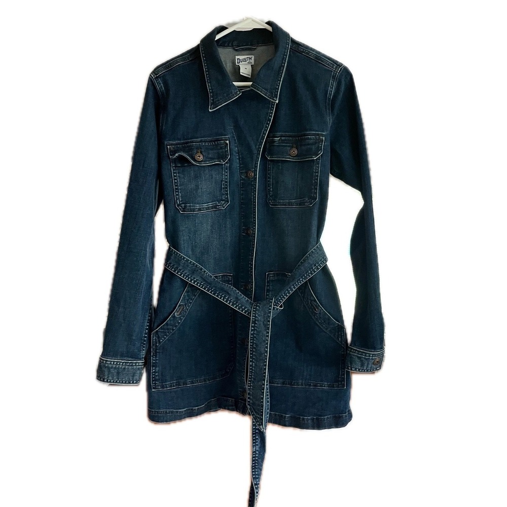 Duluth Trading Co Denim Chore Jacket Womens Medium Indigo Blue Belted Utility